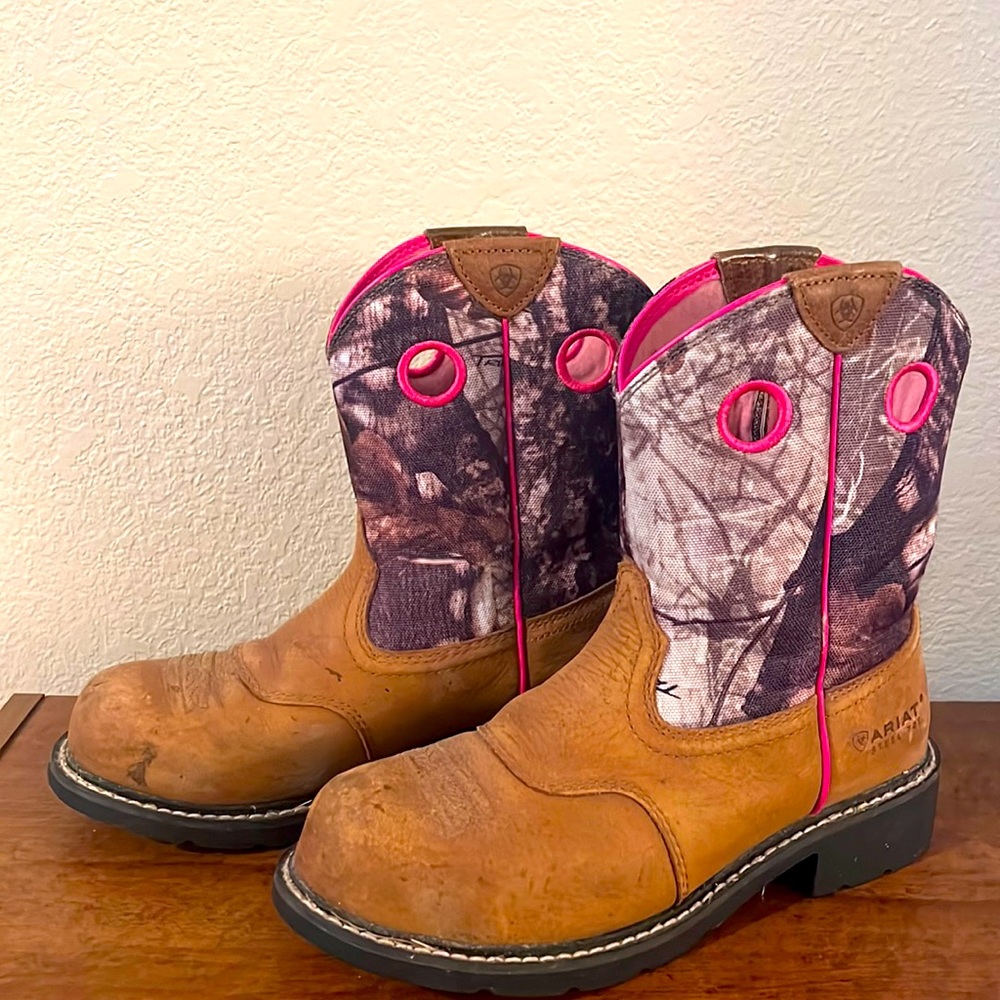 Ariat Fat Boy Steel Toy Boots - Brown Leather and Pink & Camouflage Canvas Boots